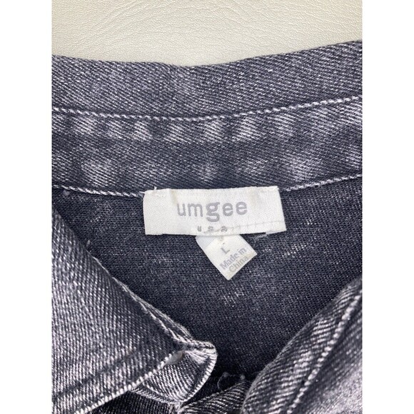 UMGEE Black Denim Jacket Women Large Long Line Raw Hem Button Front Collared - Picture 2 of 5